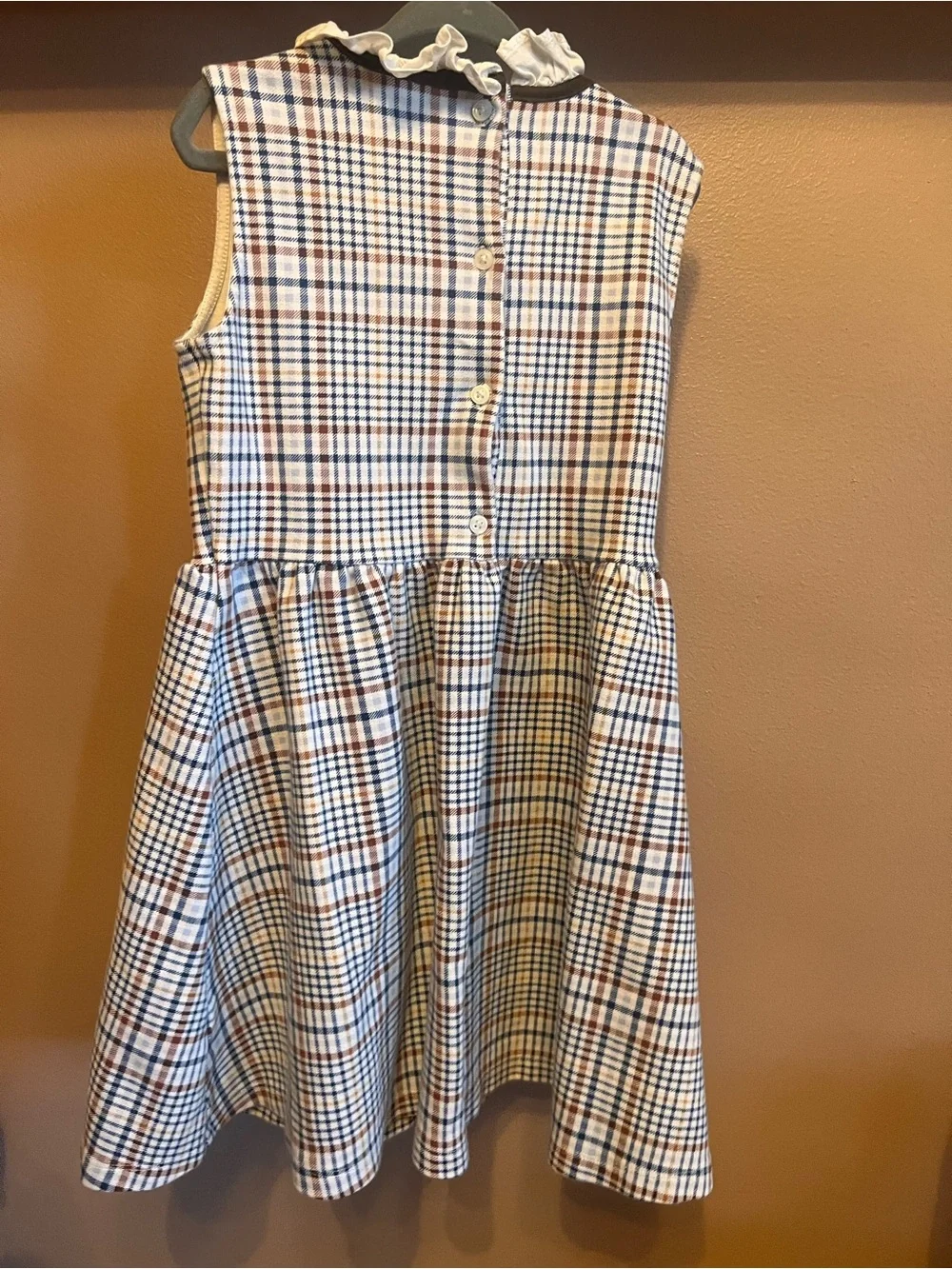 Janie & Jack Girls 7 Plaid Sleeveless Dress with Ruffle Collar - Navy & Tan